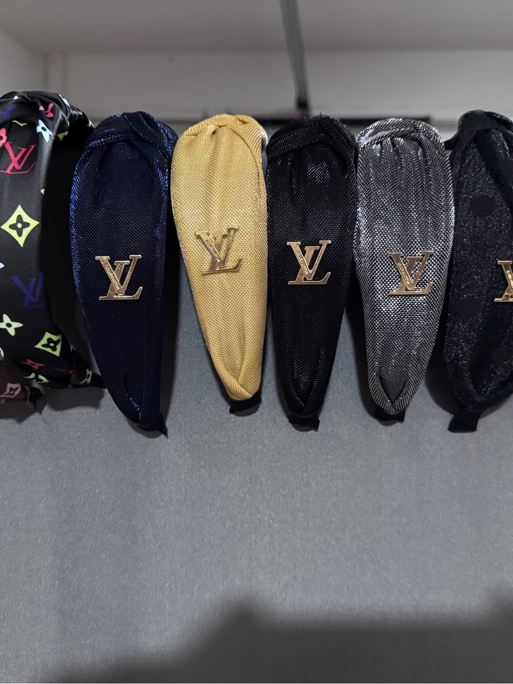 1x Luxury Satin Headband with Metallic Logo - Black, Navy, Gold, Silver
